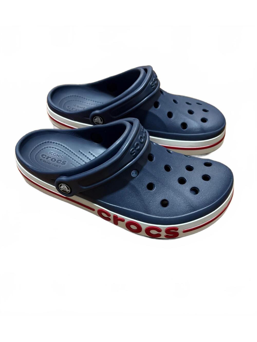 Crocs Bayaband Clogs Navy Blue Red White Men’s 8 Women’s 10 Slip On Shoes